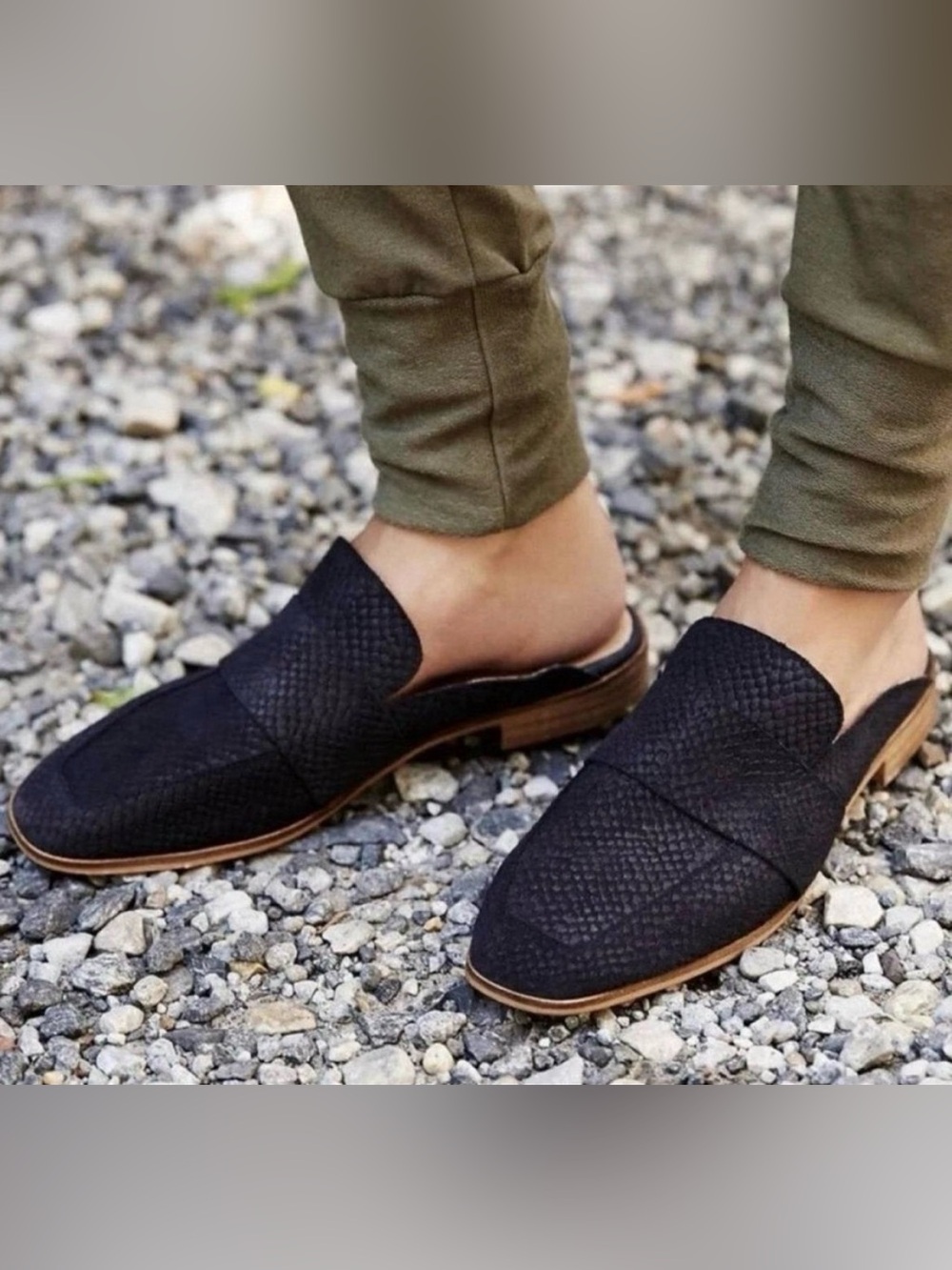 Free People At Ease Embossed Black Suede Mule Loafers Size 38